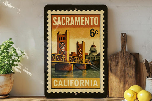 A framed vintage postage stamp from Sacramento, California, featuring the iconic Golden Gate Bridge and the state's capitol building.