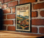 A vintage-style metal sign with the text "POCATELLO IDAHO" is displayed on a brick wall.