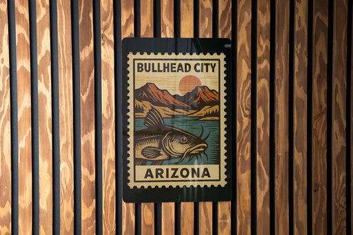 A sign for Bullhead City, Arizona, featuring a fish illustration and the text "Bullhead City Arizona".