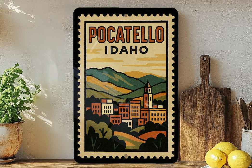 A framed vintage-style poster of POCATELLO, Idaho, featuring a colorful illustration of a town nestled among mountains.