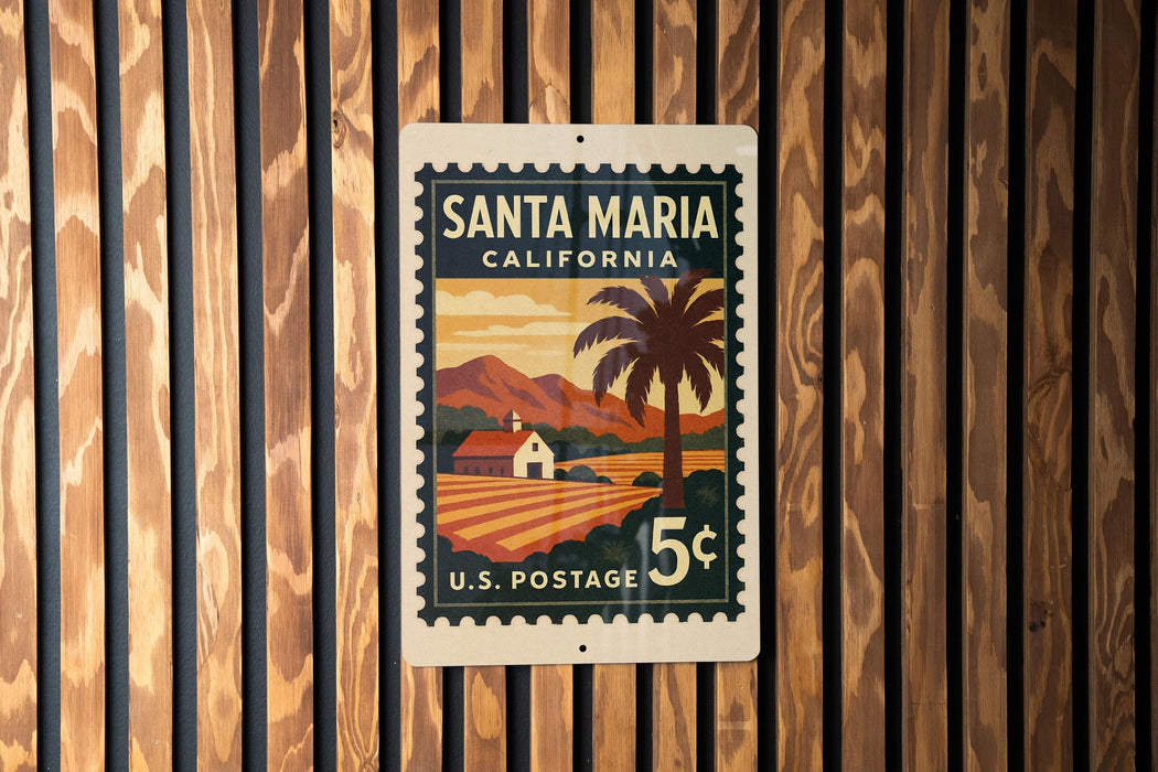 A U.S. postage stamp from Santa Maria, California, featuring a palm tree and a rural landscape.