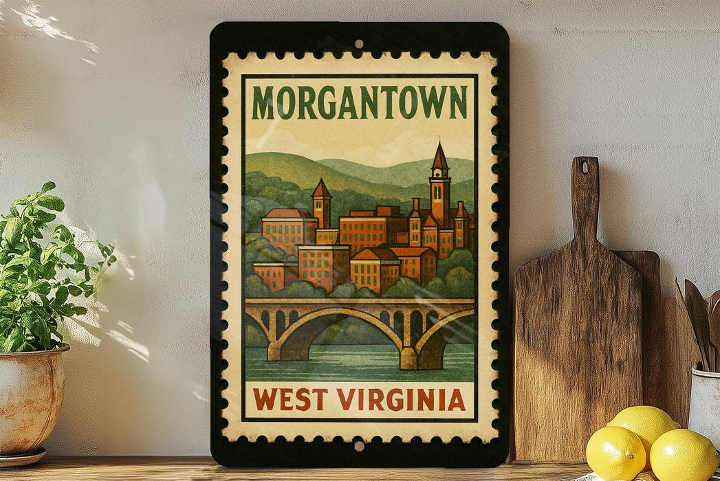 A framed vintage-style poster of Morgantown, West Virginia, featuring a cityscape with a bridge and mountains in the background.