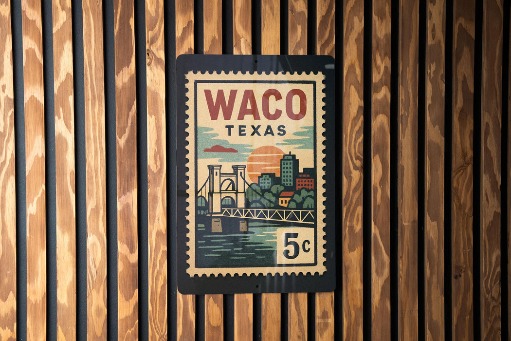A vintage-style postage stamp from Waco, Texas, featuring a bridge and cityscape.
