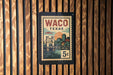 A vintage-style postage stamp from Waco, Texas, featuring a bridge and cityscape.