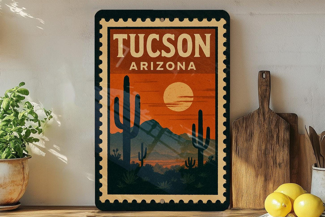 A framed poster of a desert landscape with a cactus and mountains in the background, along with a wooden cutting board and a potted plant.