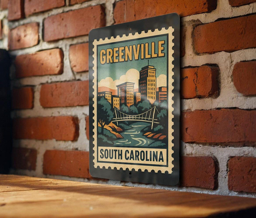 A vintage-style metal sign with a cityscape and a bridge, mounted on a brick wall.