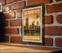 A vintage-style postage stamp from Sacramento, California, featuring the iconic Golden Gate Bridge and the California state capitol building.