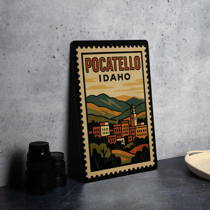 A framed poster of the town of Pocatello, Idaho, featuring a colorful illustration of the town and surrounding landscape.