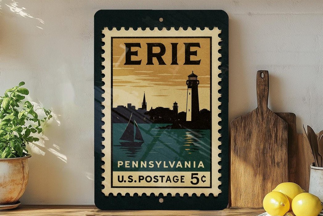 A framed vintage postage stamp from Pennsylvania, featuring a lighthouse and a sailboat, is displayed on a shelf next to a wooden cutting board and a potted plant.