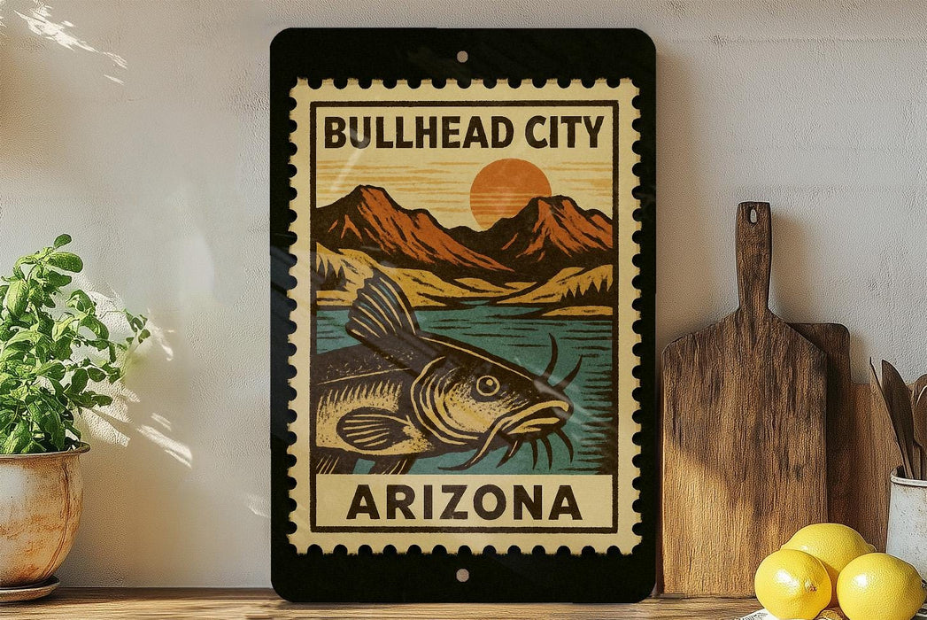 a framed poster of a fish with the text "Bullhead City Arizona" on it, placed on a shelf next to a wooden cutting board and some lemons.