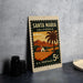 A vintage postage stamp from Santa Maria, California, depicting a rural landscape with a palm tree and a house.