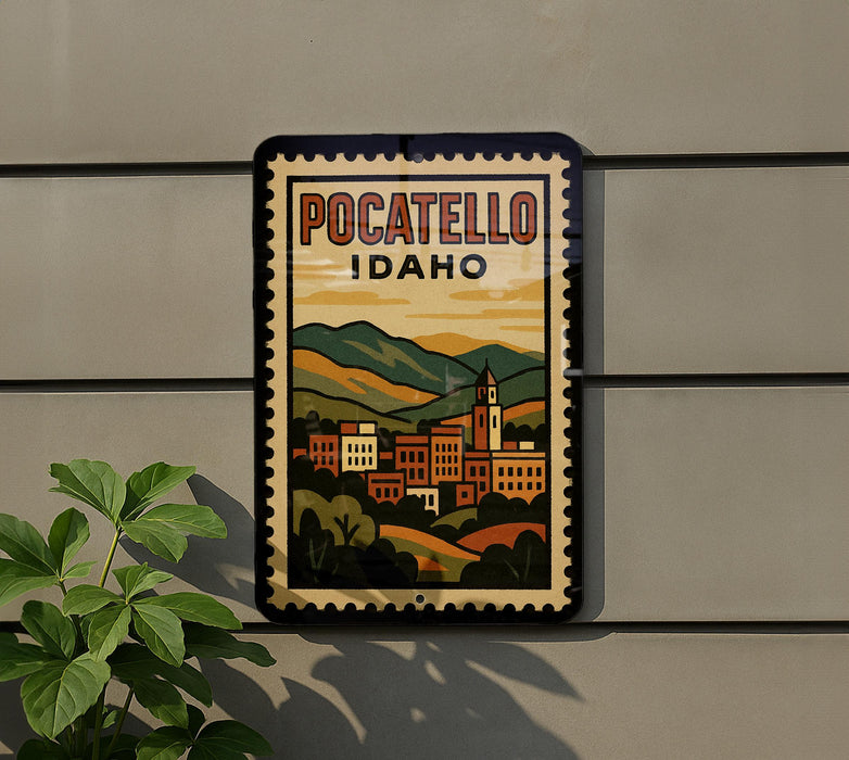 A vintage-style postage stamp depicting a cityscape with mountains in the background, mounted on a wall next to a plant.