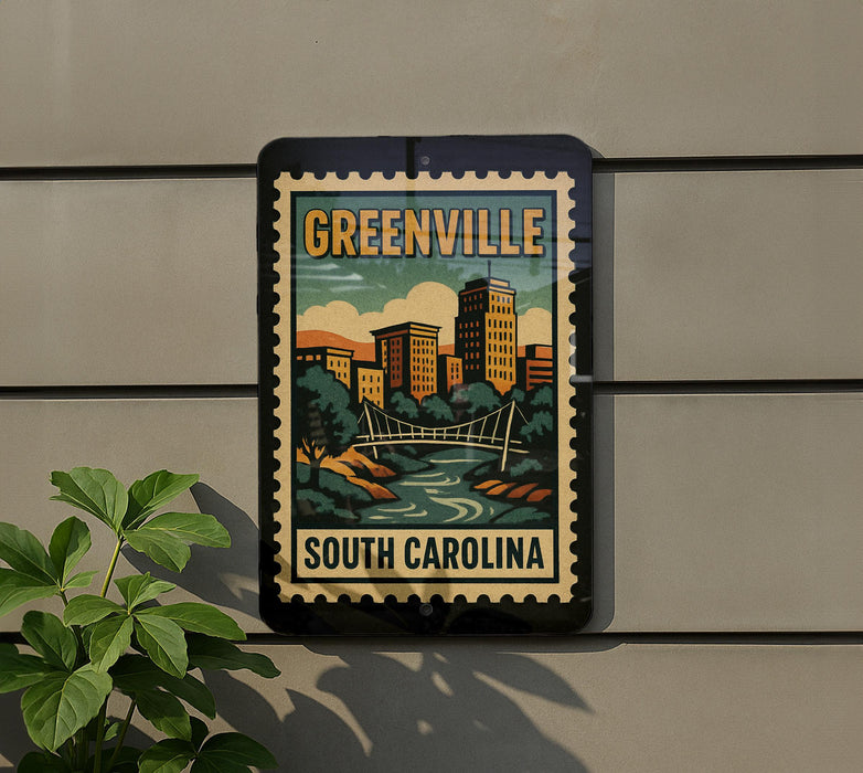 A sign for Greenville, South Carolina, featuring a stylized illustration of the city skyline and a bridge.