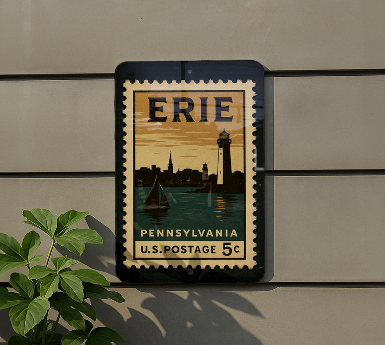 A vintage-style postage stamp from Pennsylvania, featuring a lighthouse and a sailboat, is displayed on a wall.