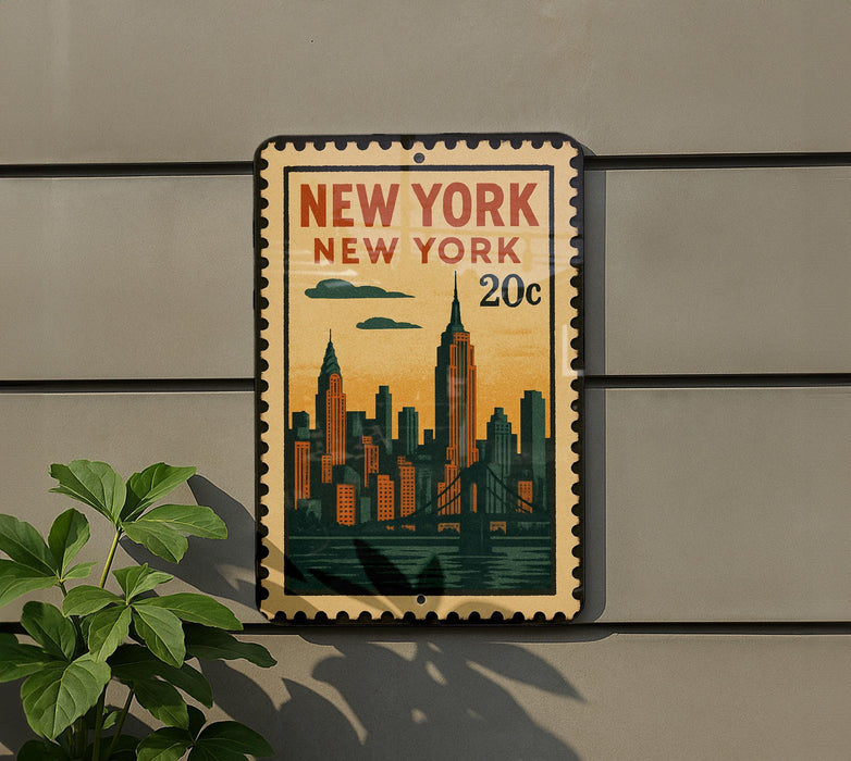 A vintage-style postage stamp depicting the New York City skyline, with the text "NEW YORK" and "20c" printed on it.