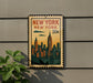 A vintage-style postage stamp depicting the New York City skyline, with the text "NEW YORK" and "20c" printed on it.