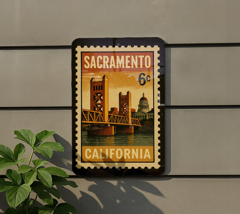 A framed postage stamp depicting the Golden Gate Bridge in Sacramento, California, with the text "SACRAMENTO 6c" and "CALIFORNIA" printed on it.