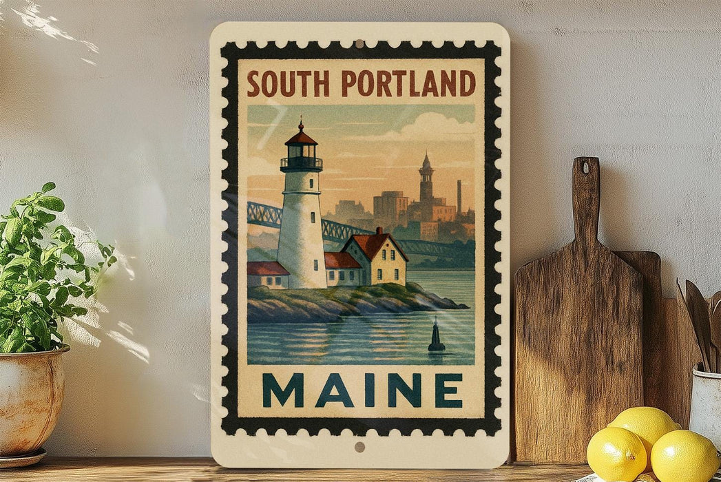 A framed vintage-style poster of a lighthouse and a cityscape in Maine, with the text "SOUTH PORTLAND MAINE" prominently displayed.