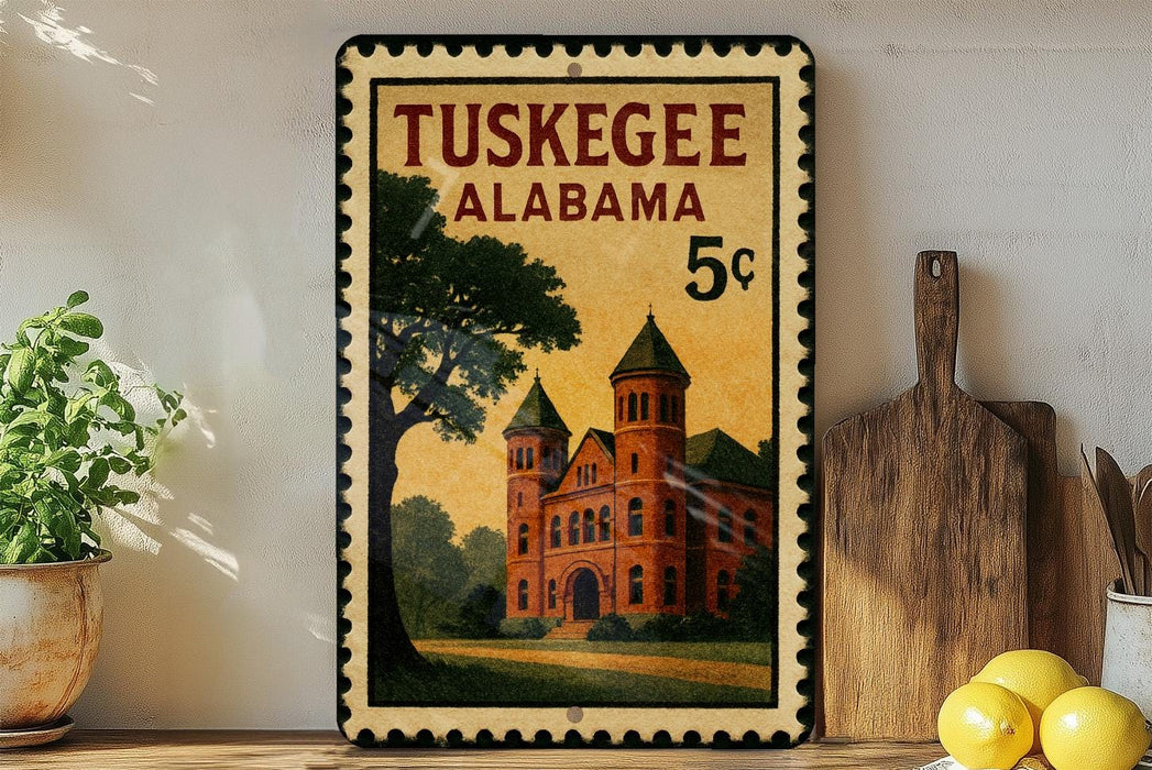 A framed vintage postage stamp from Tuskegee, Alabama, depicting a brick building with a green roof, placed on a wooden shelf next to a wooden cutting board and a potted plant.
