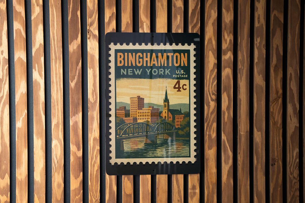 A vintage postage stamp from Binghamton, New York, featuring a cityscape and a bridge.