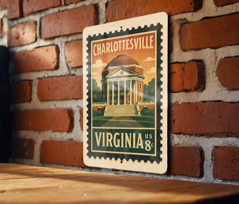 A vintage postage stamp featuring the University of Virginia, with a brick wall in the background.