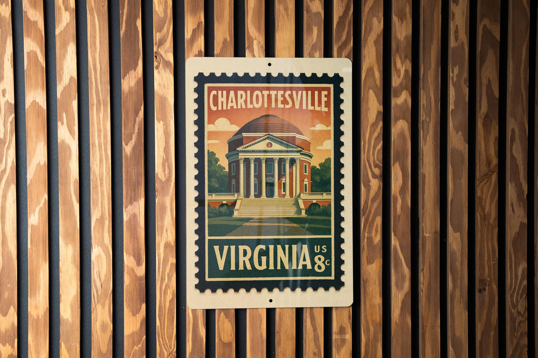 A vintage postage stamp featuring the University of Virginia, with the text "CHARLOTTSVILLE" and "VIRGINIA US 8c" prominently displayed.