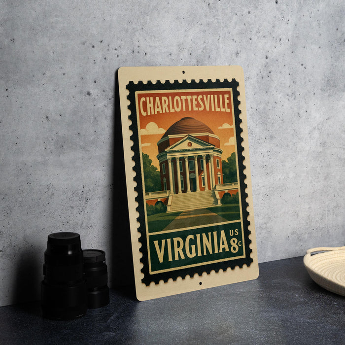 A vintage postage stamp depicting the University of Virginia, with a building and text indicating the location.