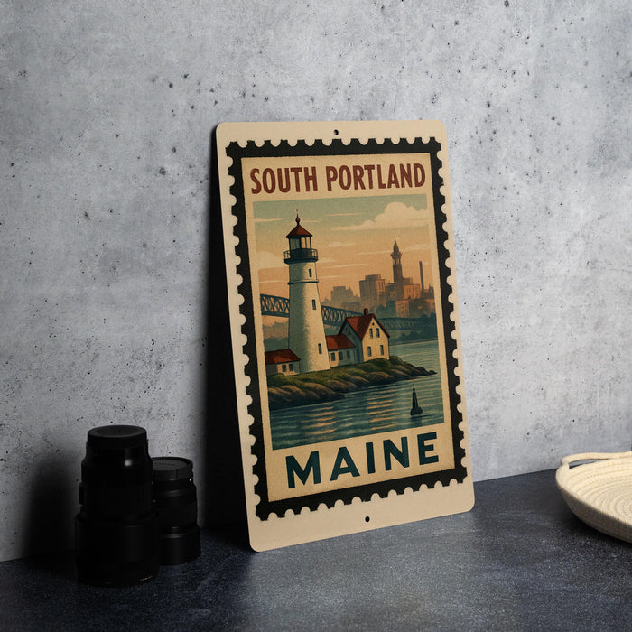 A vintage-style metal sign with a lighthouse and a cityscape, representing South Portland, Maine.