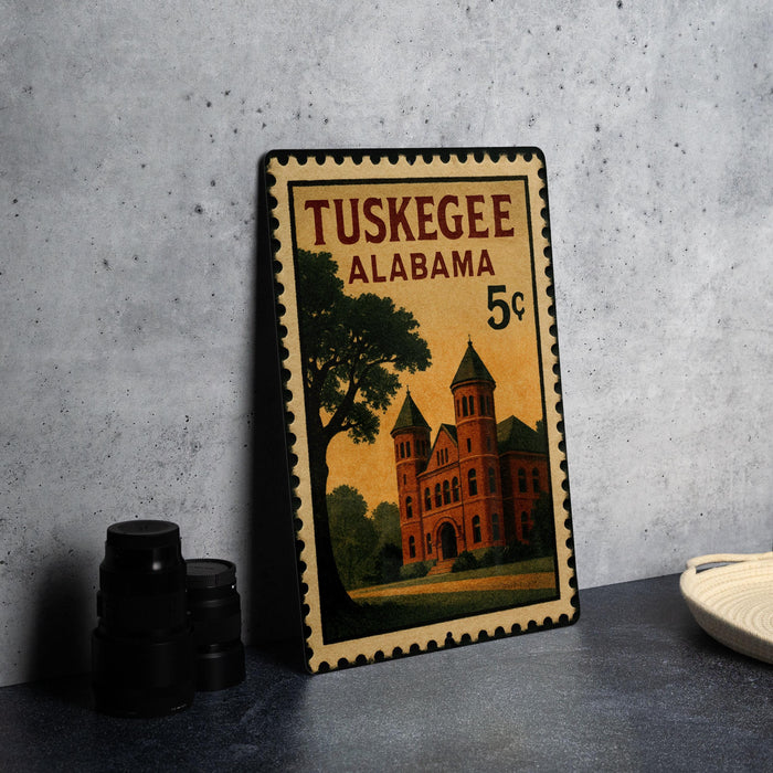 A vintage postage stamp from Tuskegee, Alabama, featuring a building and a tree, placed on a table next to some black camera lenses.