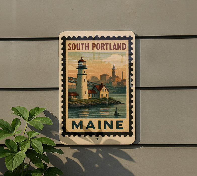 A framed poster of a lighthouse and a cityscape, with the text "SOUTH PORTLAND" and "MAINE" printed on it, is displayed on a wall next to a plant.