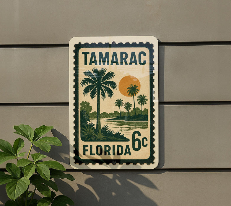 A sign that reads "TAMARAC FLORIDA 6c" is displayed on a wall, with a palm tree and sunset in the background.