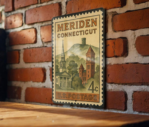 A vintage postage stamp from Connecticut, featuring a church and a castle, is displayed on a brick wall.