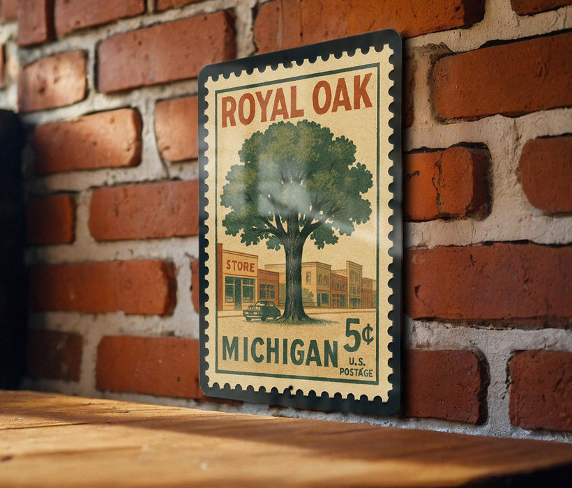 A vintage-style postage stamp featuring a tree and a store, mounted on a brick wall.