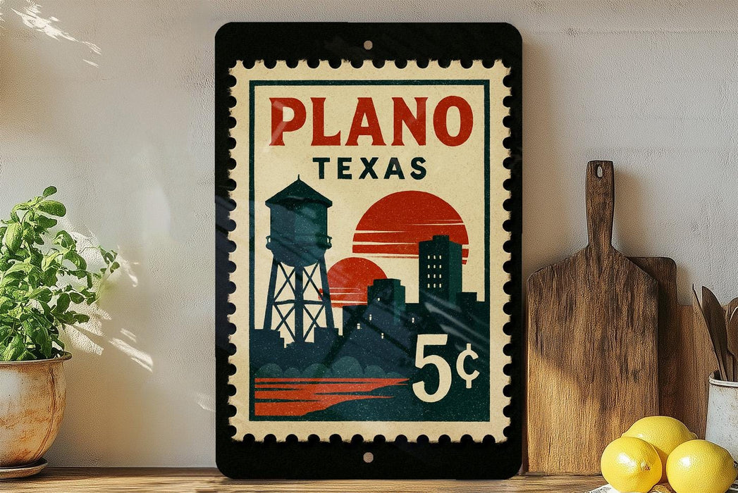 A vintage-style postage stamp from Plano, Texas, featuring a water tower and sunset, displayed on a shelf with a wooden cutting board and a potted plant.
