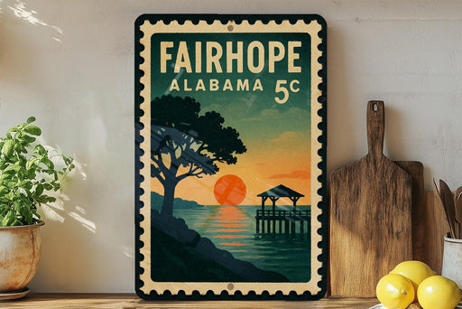 a vintage-style metal sign with a sunset scene, including a pier and a tree, displayed on a shelf next to a wooden cutting board and a potted plant.