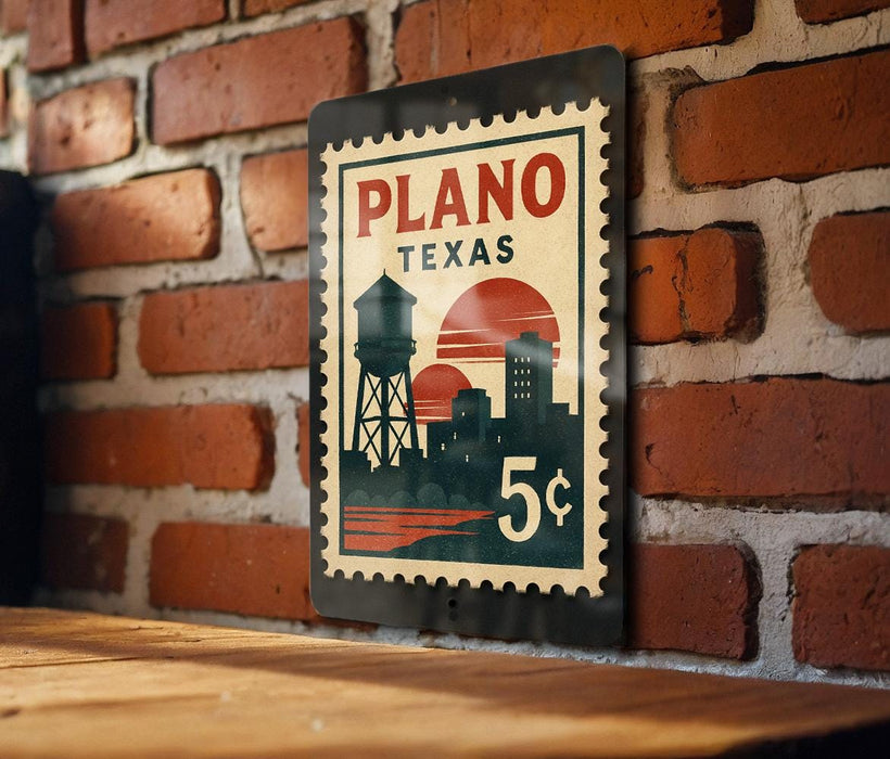 A vintage-style postage stamp from Texas, featuring a cityscape and a water tower, is displayed on a brick wall.