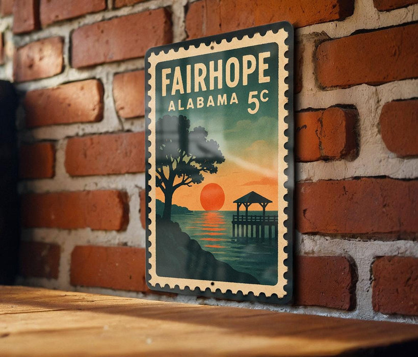A vintage-style metal sign with the text "FAIRHOPE ALABAMA 5c" and an illustration of a sunset over a body of water with a pier and a tree.