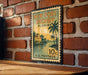 A vintage-style postage stamp from New Port Richey, Florida, featuring a palm tree and a building, is displayed on a brick wall.