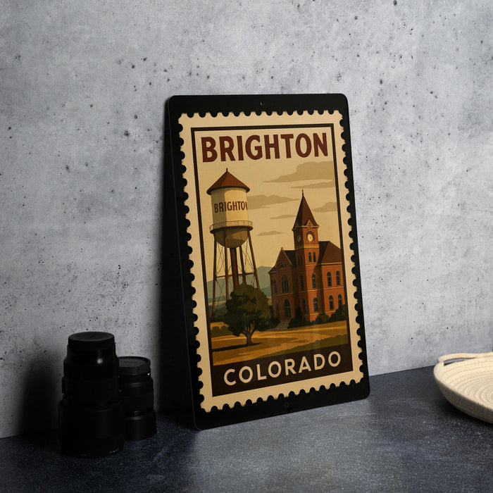 A framed poster of Brighton, Colorado, featuring a water tower and a building, is displayed on a countertop.