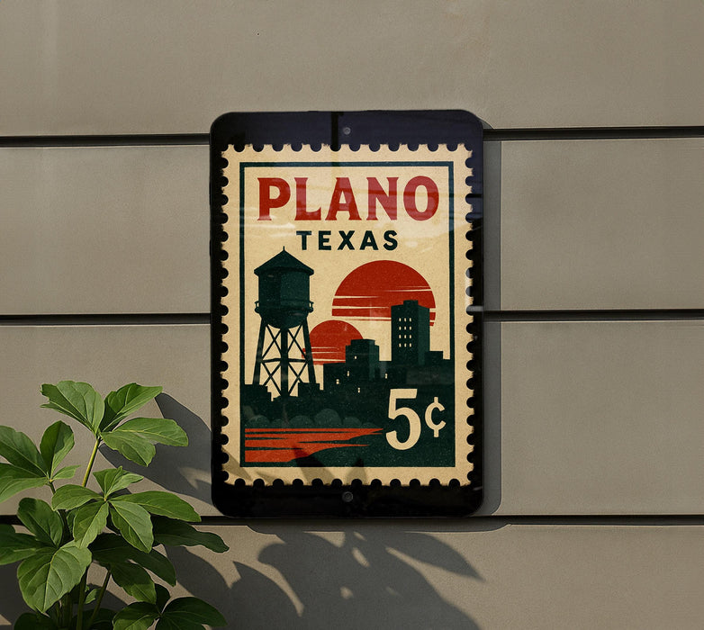 A vintage-style postage stamp from Plano, Texas, featuring a water tower and city skyline, mounted on a wall.