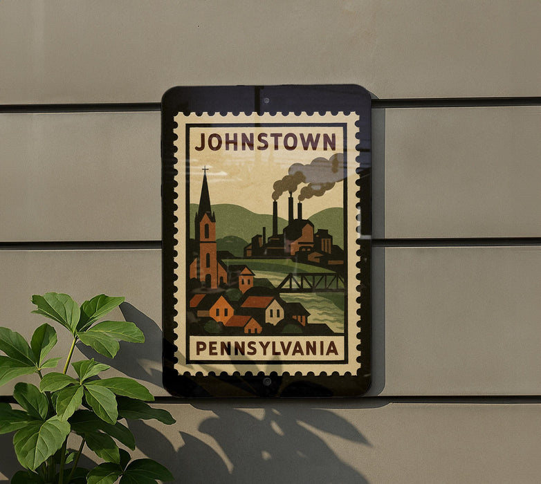A sign for Johnstown, Pennsylvania, featuring an illustration of the town's landscape and buildings.