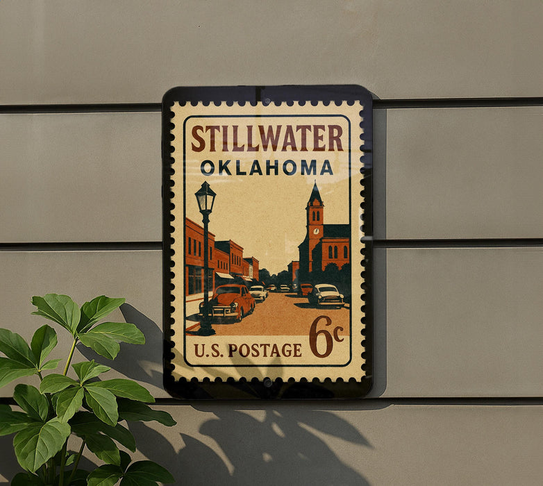 A vintage postage stamp from Stillwater, Oklahoma, featuring a street scene with buildings and cars.