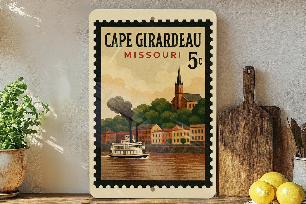 A vintage-style postage stamp from Cape Girardeau, Missouri, depicting a steamboat on the Missouri River.