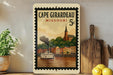 A vintage-style postage stamp from Cape Girardeau, Missouri, depicting a steamboat on the Missouri River.