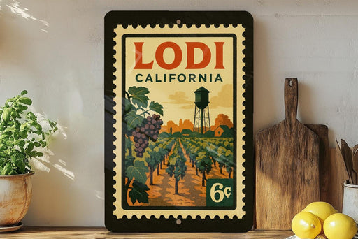 A vintage-style stamp depicting a vineyard in California, with the text "LODI CALIFORNIA" prominently displayed. The stamp is framed and placed on a shelf, surrounded by various kitchen items such as a wooden cutting board, a lemon, and a potted plant.