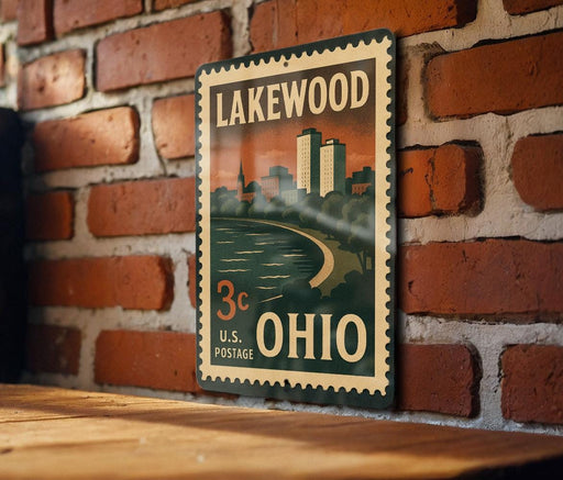 A vintage-style 3c U.S. postage stamp from Ohio, featuring a cityscape and a lake, is displayed on a brick wall.