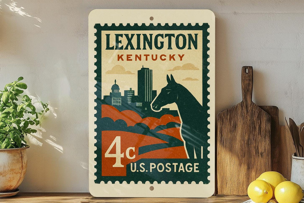 A vintage-style postage stamp from Kentucky featuring a horse silhouette and a cityscape, placed on a wooden surface next to a wooden cutting board and some lemons.