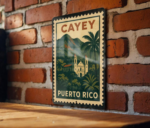 A vintage-style metal sign with a tropical island landscape and a church, mounted on a brick wall.