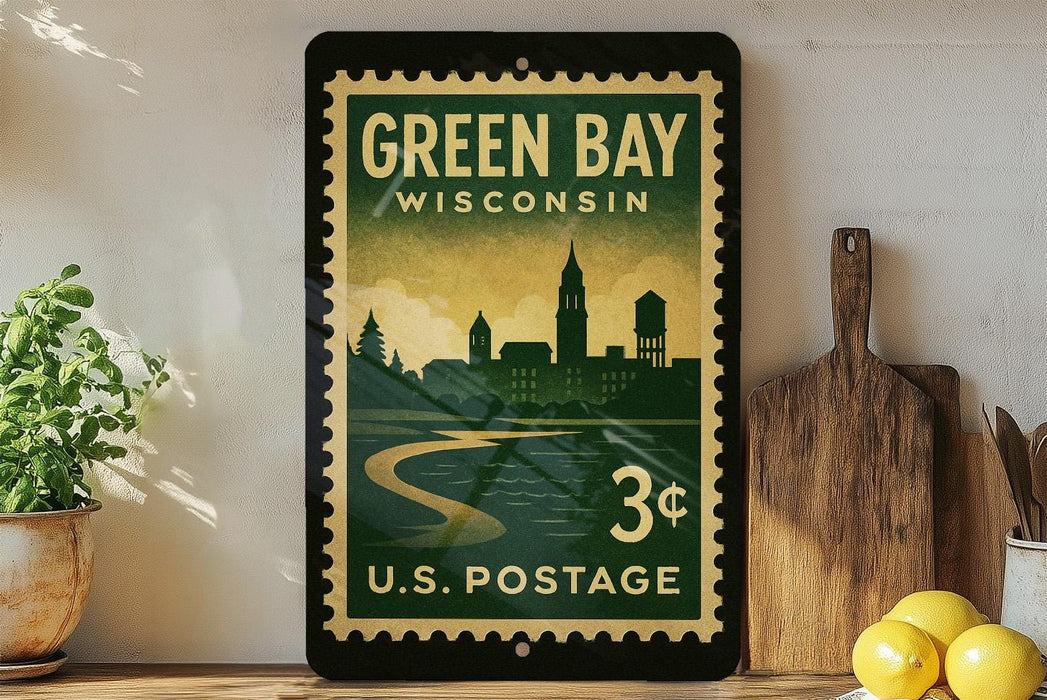 A vintage postage stamp from Wisconsin, featuring a cityscape and a river, is displayed on a shelf next to a wooden cutting board and a potted plant.