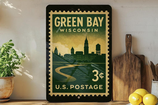 A vintage postage stamp from Wisconsin, featuring a cityscape and a river, is displayed on a shelf next to a wooden cutting board and a potted plant.